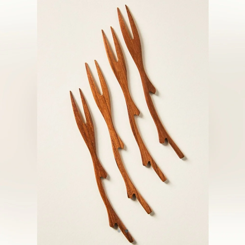 Anthropologie Teak Twig Forks | Set of 4 | Honey | NWT